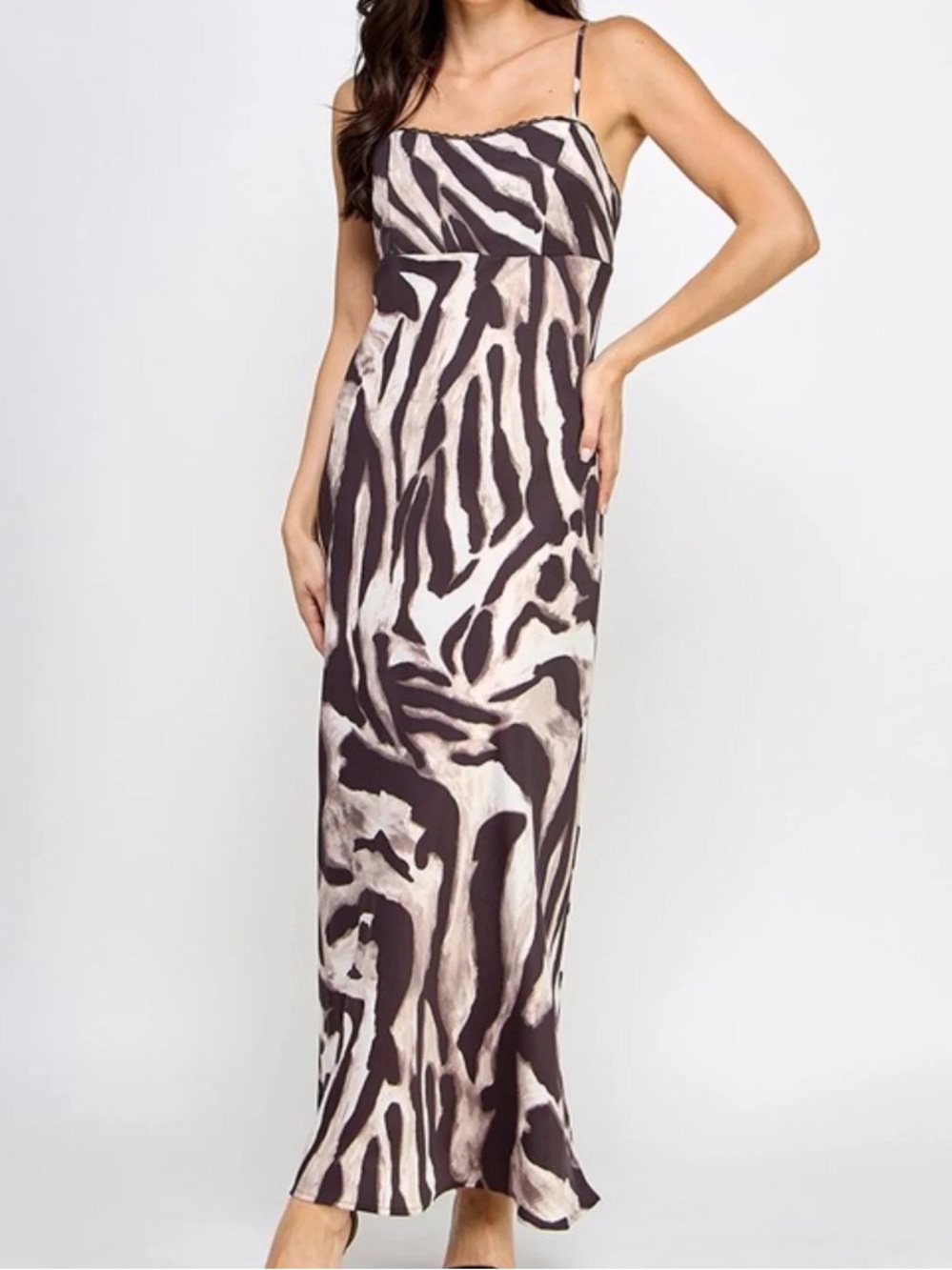 Boutique Zebra Print Satin Dress in Brown & Cream Neutral S